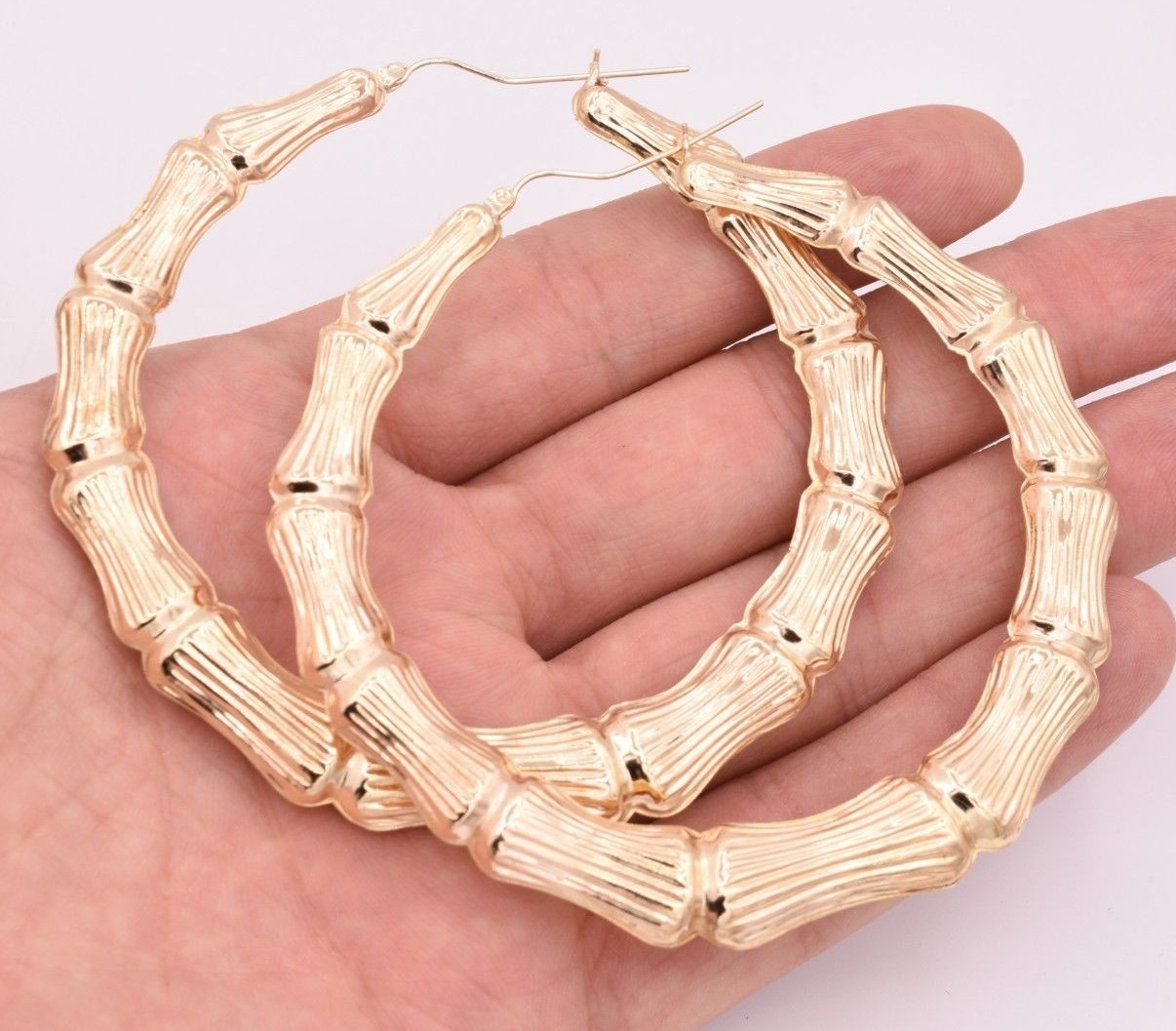 3 1/2″ 85mm Huge Graduated Diamond Cut Bamboo Hoop Earrings Real 10K Yellow Gold