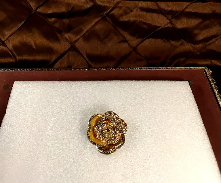Liz Claiborne Gold-Tone Enamel and Amber Rhinestone Rose Brooch