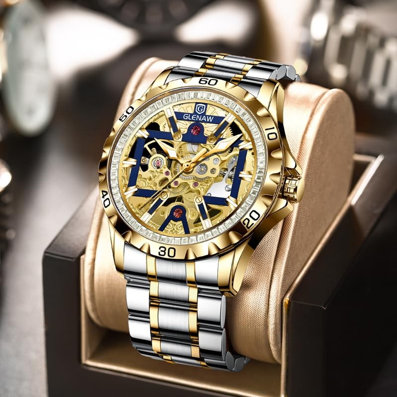 Automatic Watches for Men-Rhinestone Ring Open Dial, Skeleton Mechanical Self…