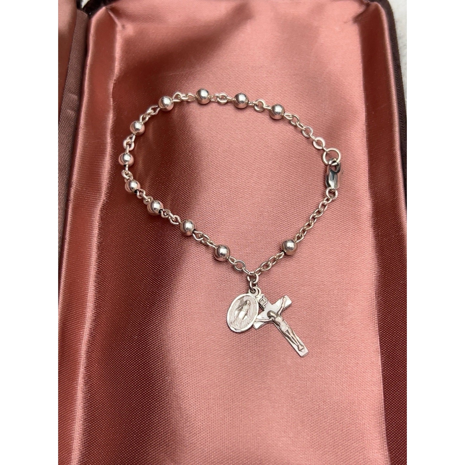 Sterling Silver Catholic Rosary Bracelet Miraculous Medal Crucifix Italy 7”