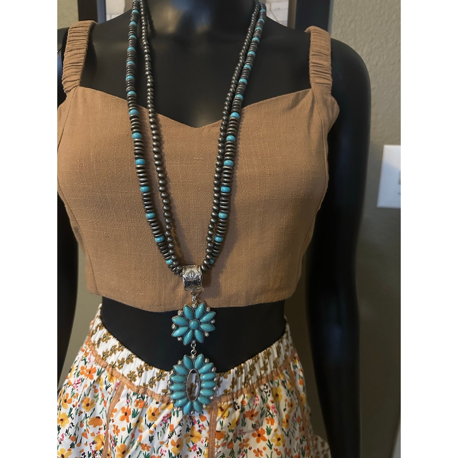 EMMA Southwestern Style Two-Tier Turquoise Blossom Pendant and Earring Set