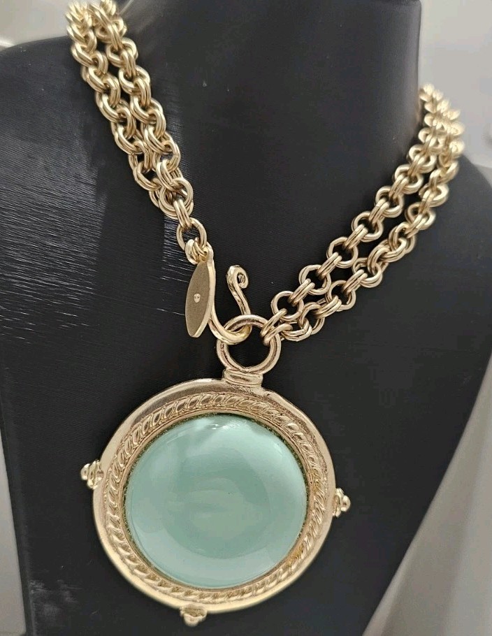 Chico’s Reversible Faux Turquoise Gold Tone Turtle Medallion Necklace Boho Coin