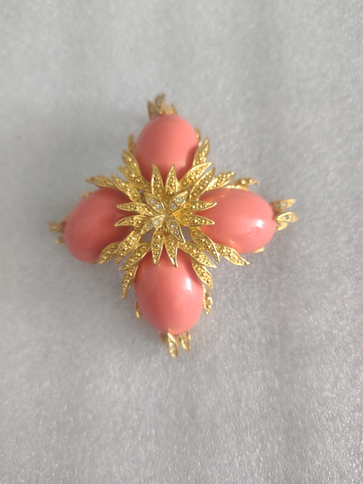 CINDY ADAMS Gold Tone Faux Coral Rhinestone Maltese Cross Pin Brooch / Pendant