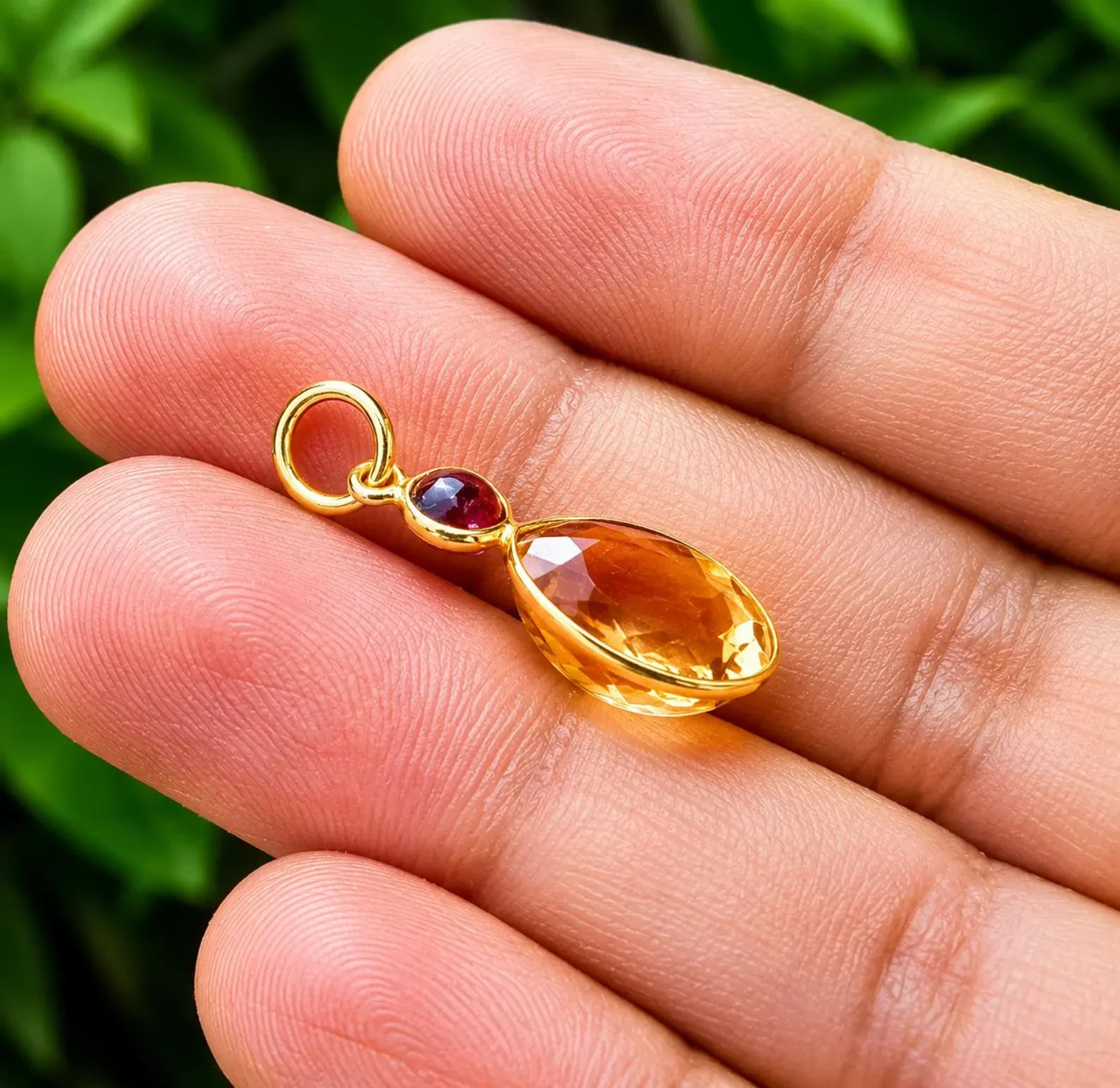 Natural Citrine And Amethyst Gem Charm ,18k Yellow Gold Handmade Pendant