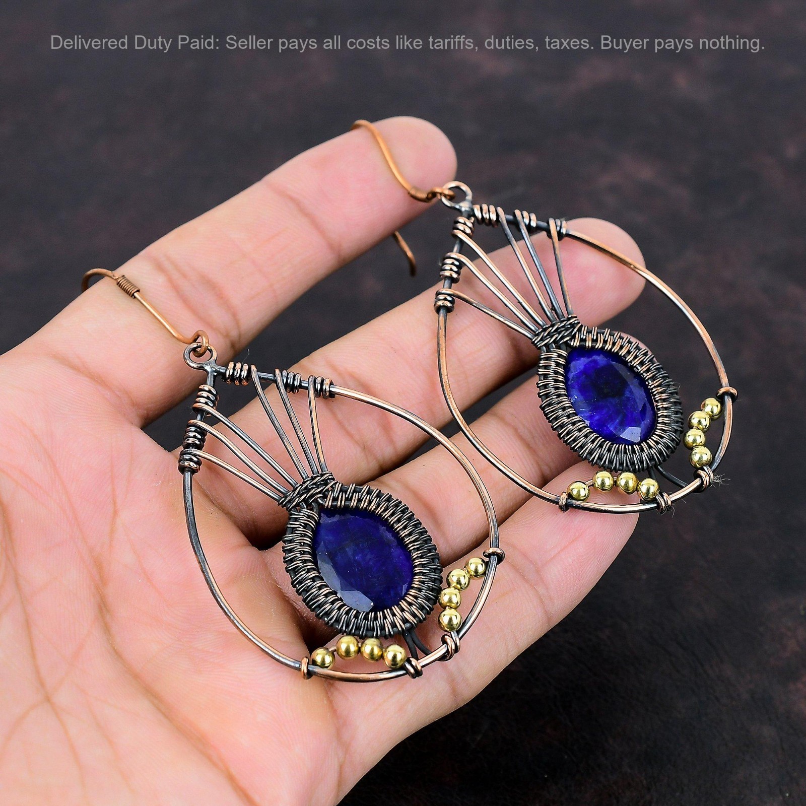 Oval Blue Saphire Stone Wire Wrapped Unique Drop Dangle Earrings Jewelry Copper