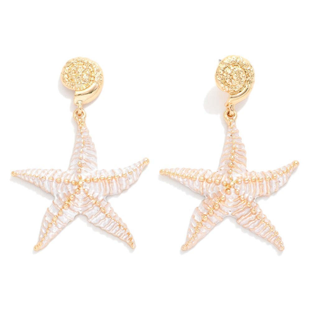 Gold White Starfish Drop Earrings Coastal Beach Shell Statement 2.75″