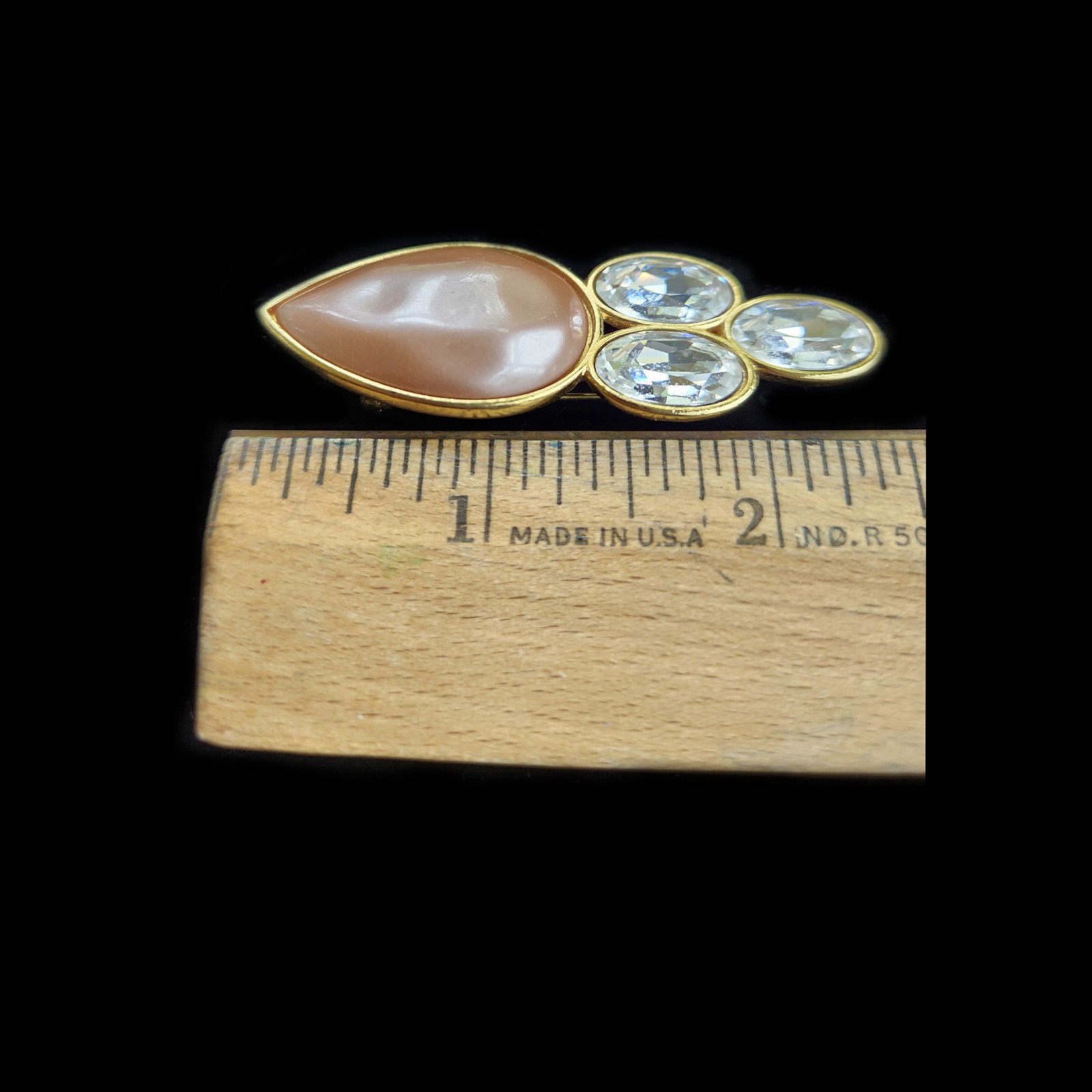 YSL Gold-tone Brooch with Pink/Tan Grooved Teardrop and Three Clear Crystals