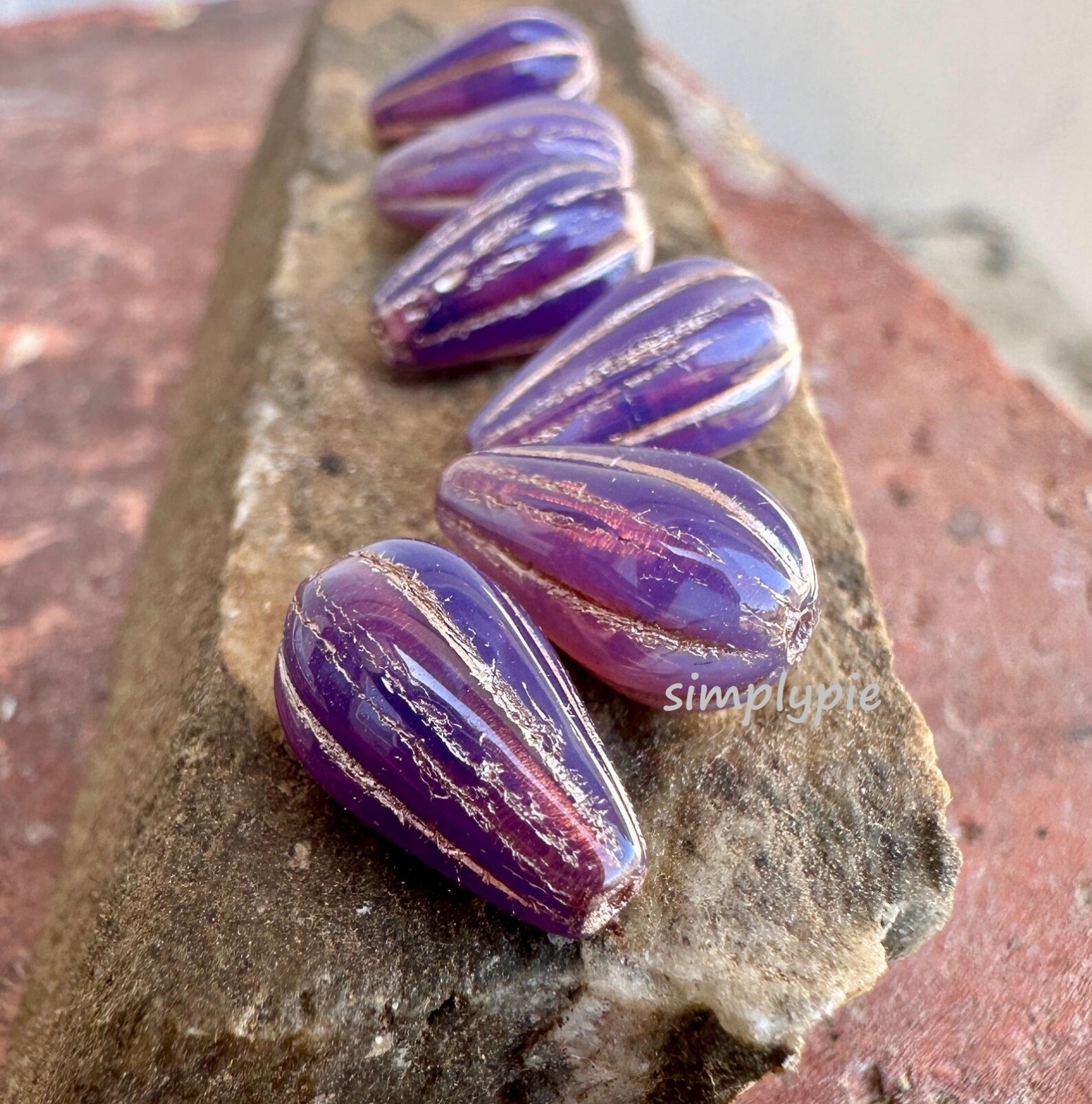 Lilac Copper Wash Dangle Drop 6 Czech Teardrop Glass Beads Bohemian
