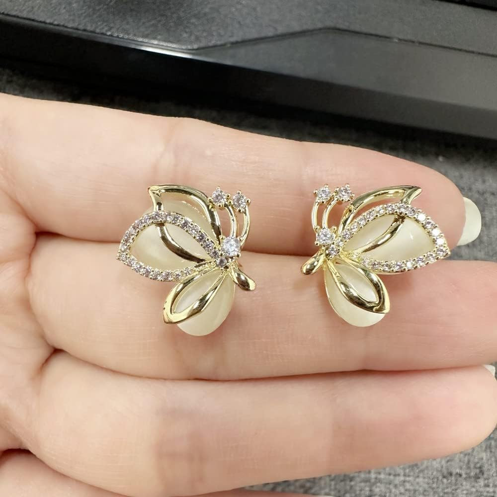 Elegant CZ Butterfly Earrings Crystal Cat’S Eye Stud for Women Gold-Tone 925 Ste