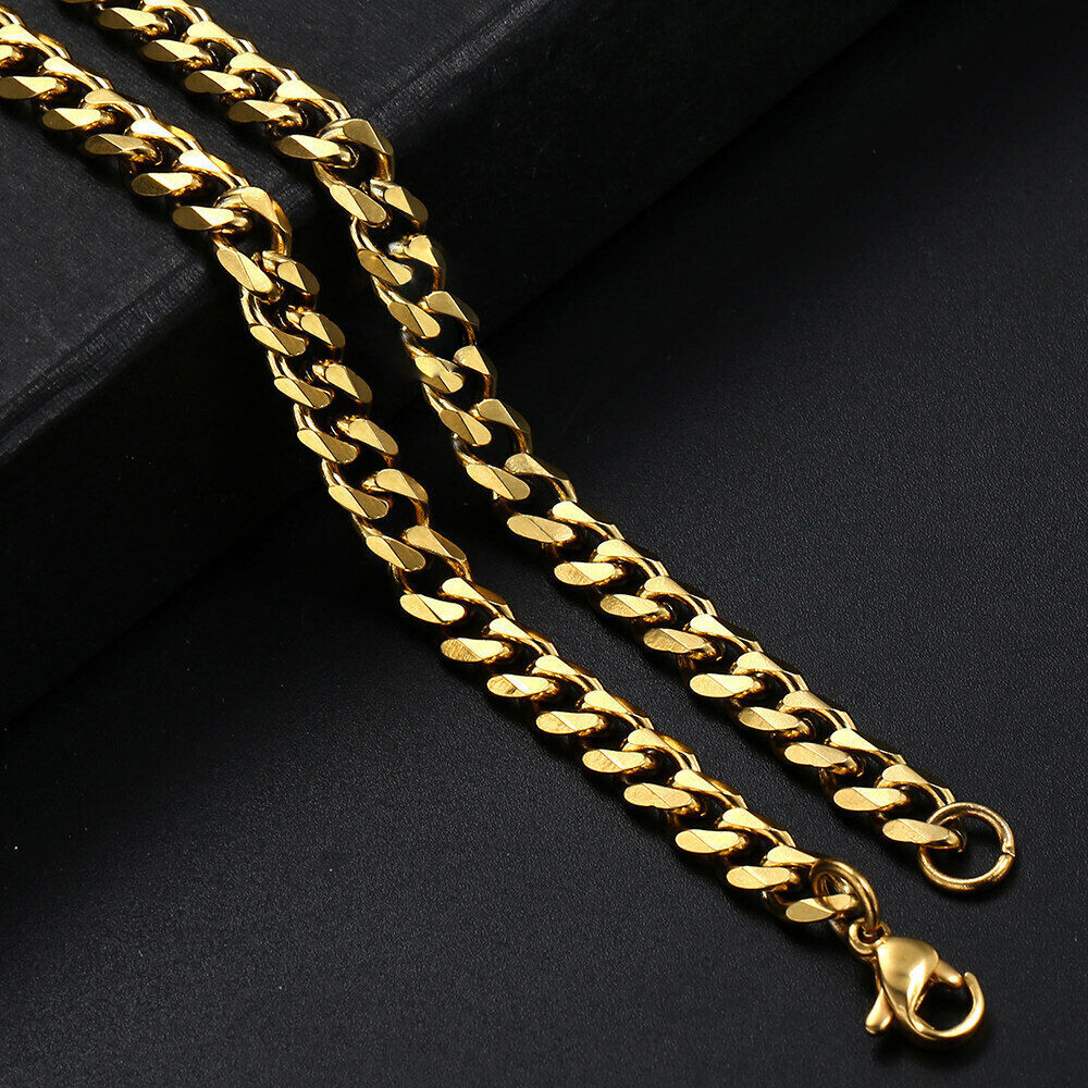 14K Gold Plated Stainless Steel Cuban Curb Chain Necklace Bracelet 3/5/7/9/11mm