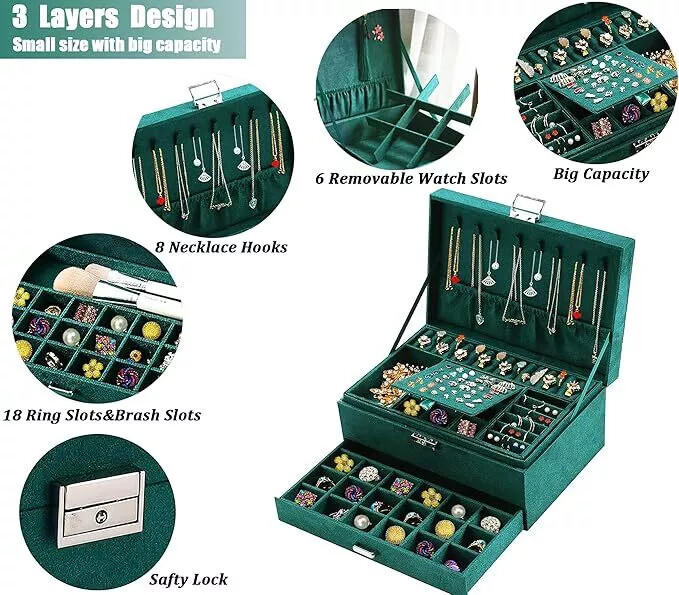 3 Layers Jewelry Box Organizer Large Capacity Ring Earring Necklace Storage New