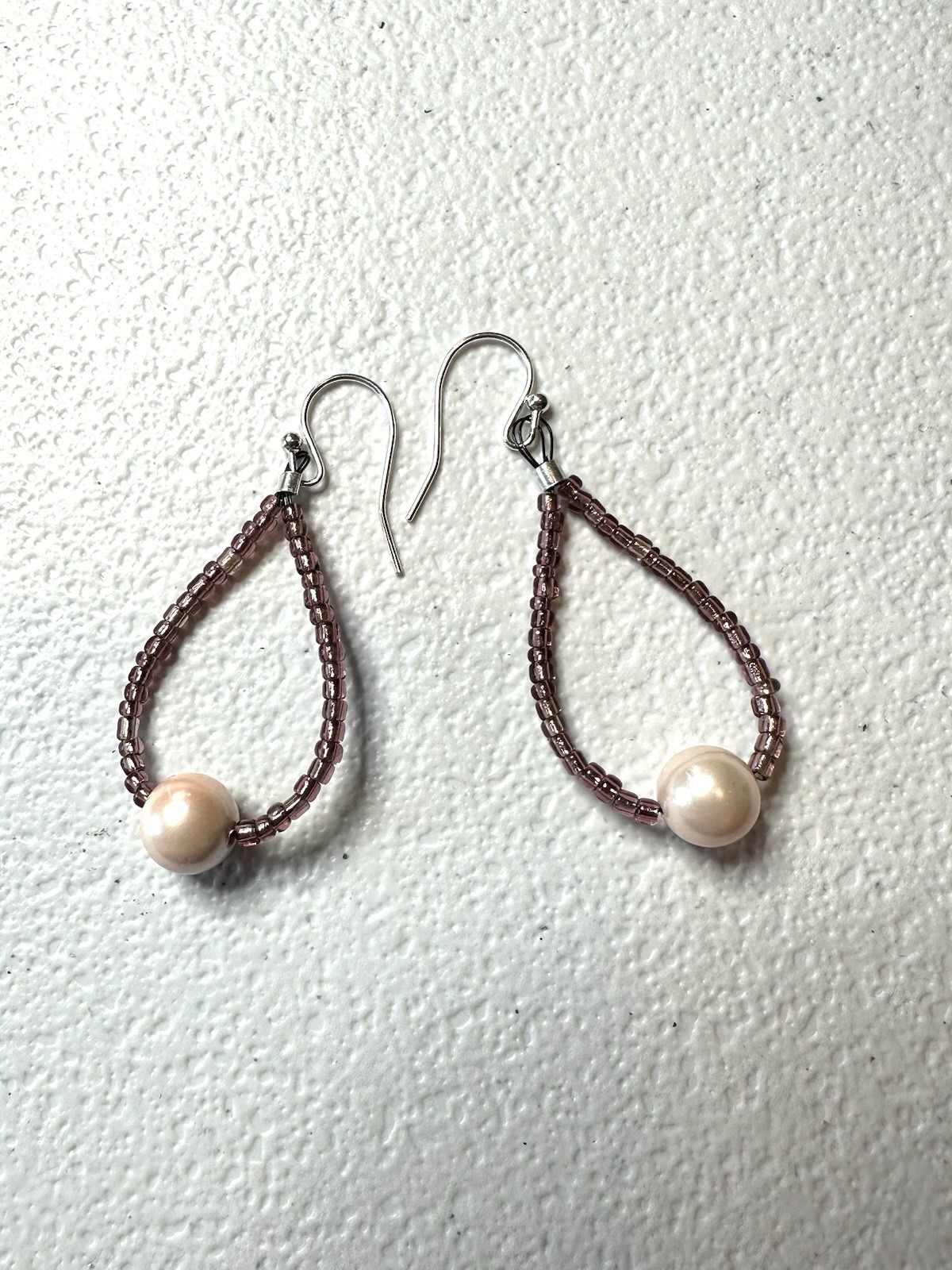 White Gold Plated, Lt Pink Shell Pearl & Glass Hoop Earrings