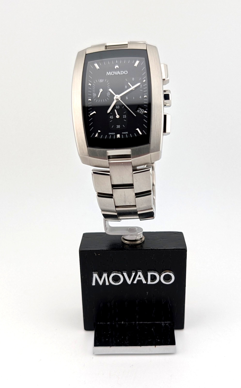 Movado Mens Eliro Chronograph SS W/Tonneau Barrel/Blk Dial #84.H1.1450~Exquisite