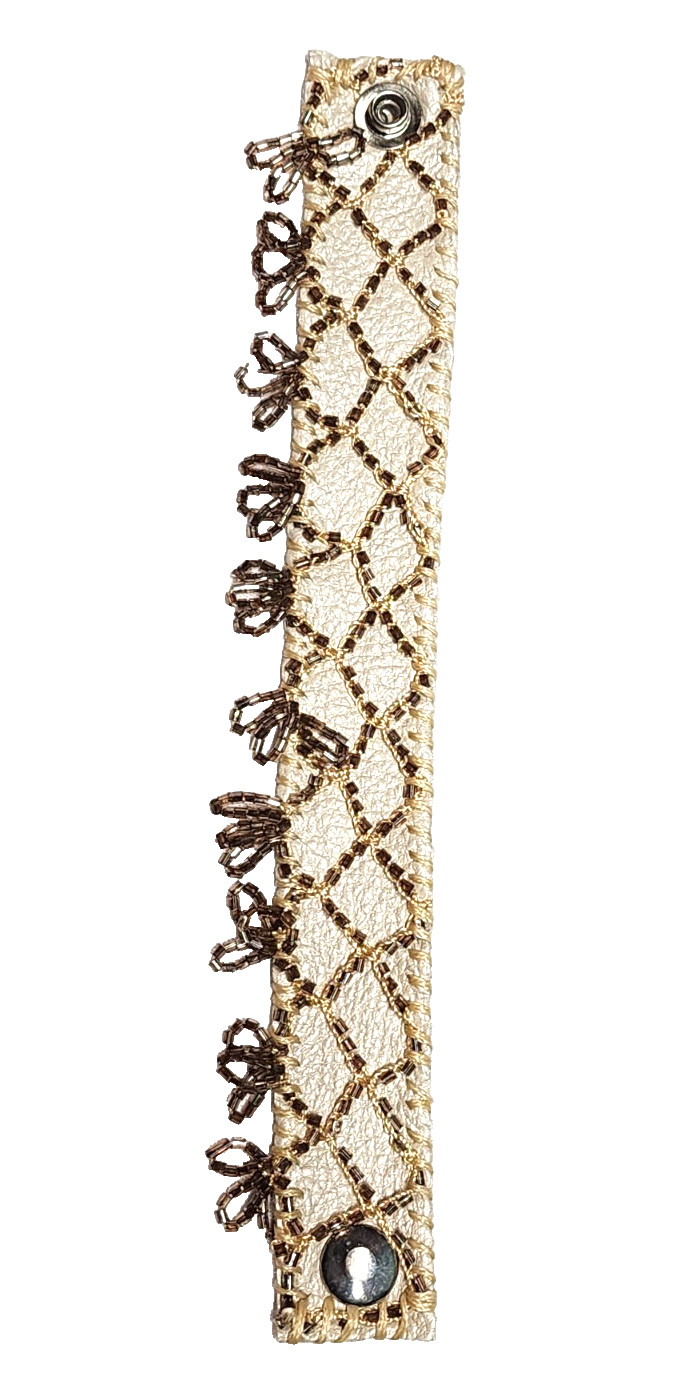 Handmade Cream White Genuine Leather Champagne Glass Beaded Cuff Bracelet Boho