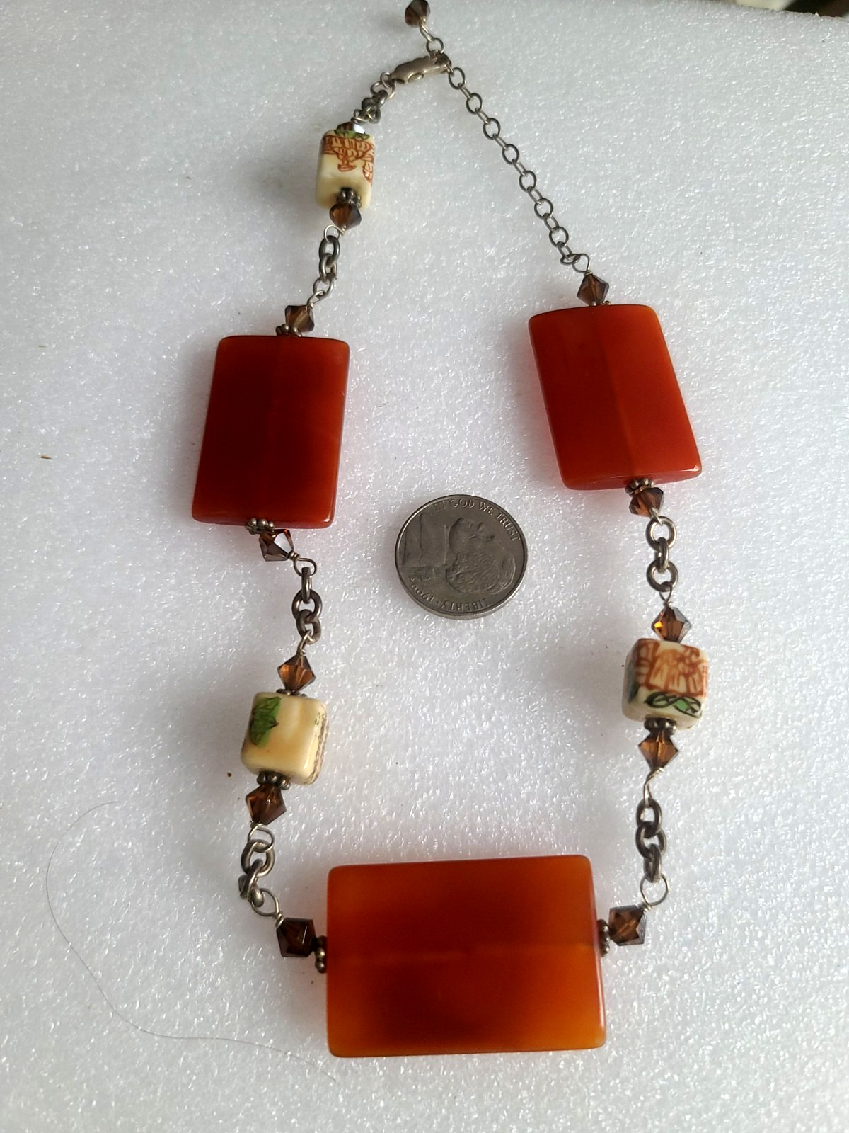Adj 17-14″ Sterling Silver Flat Carnelian & Chinese Motif Vintage Bead Necklace