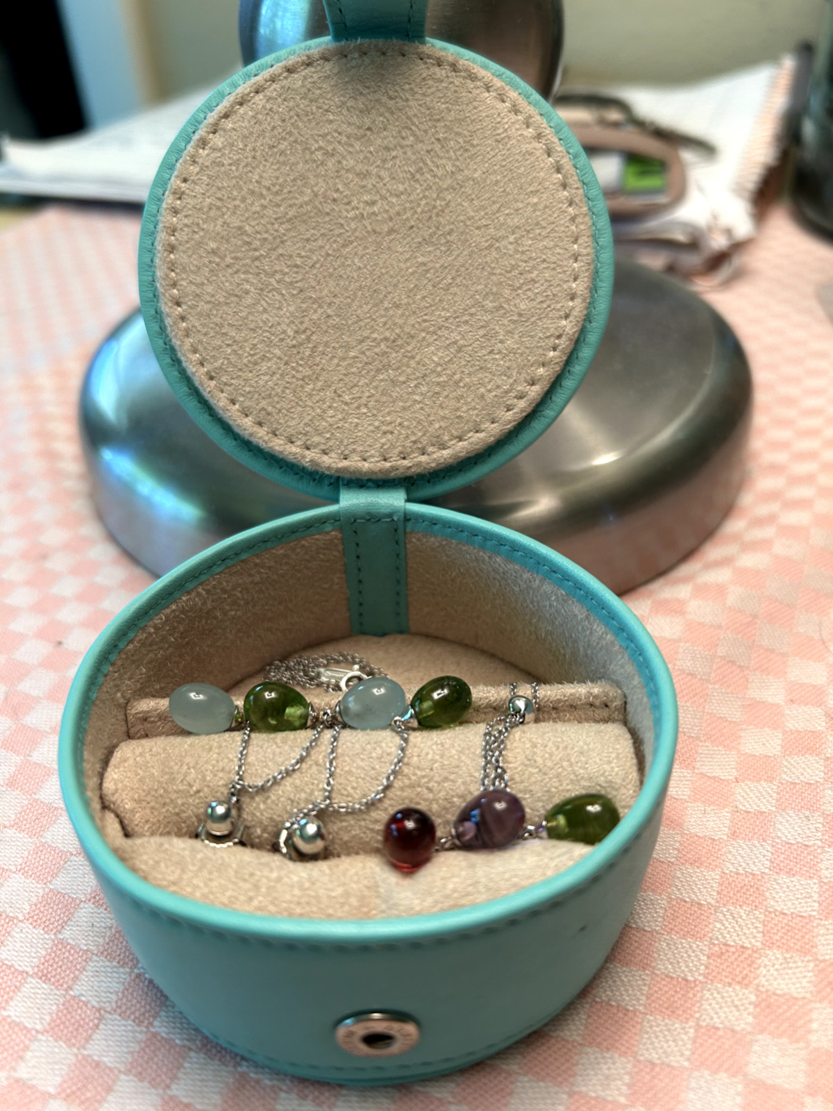 Tiffany Co Three Drop necklace & earring set Aquamarine, Peridot, Tourmaline 18K