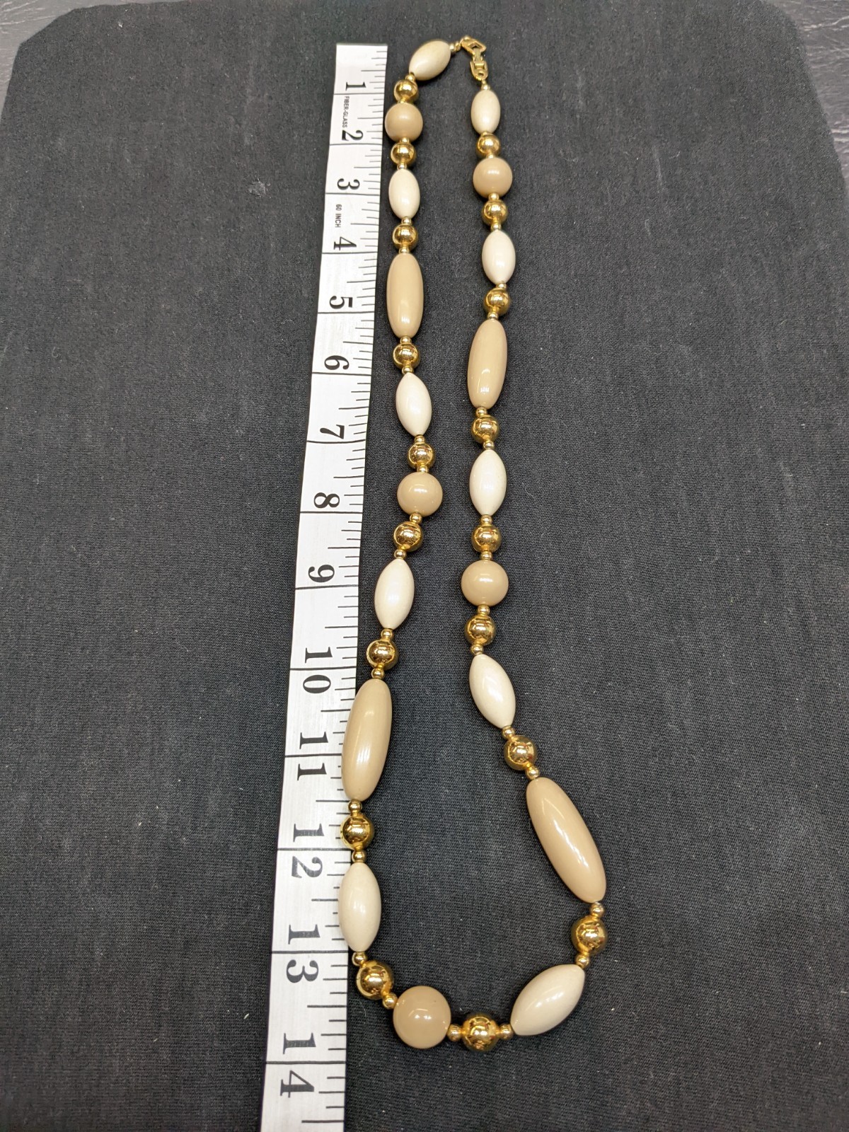 Vintage Napier Cream Beige Plastic Bead Necklace Gold Tone Signed 1970s Retro