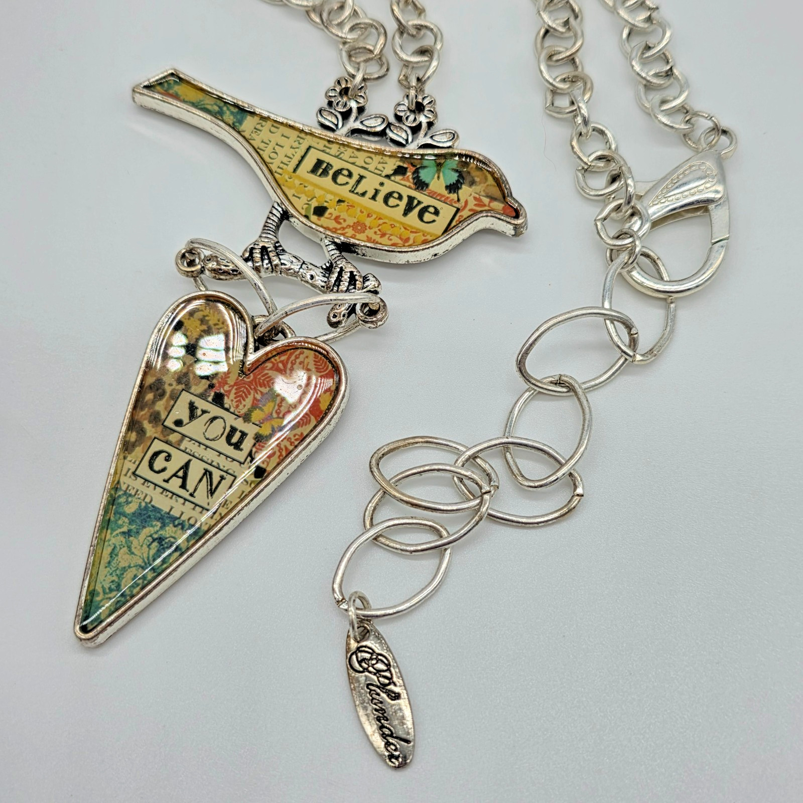 Plunder BELIEVE YOU CAN Silver Bird & Heart Pendant Mixed Media Necklace 30”
