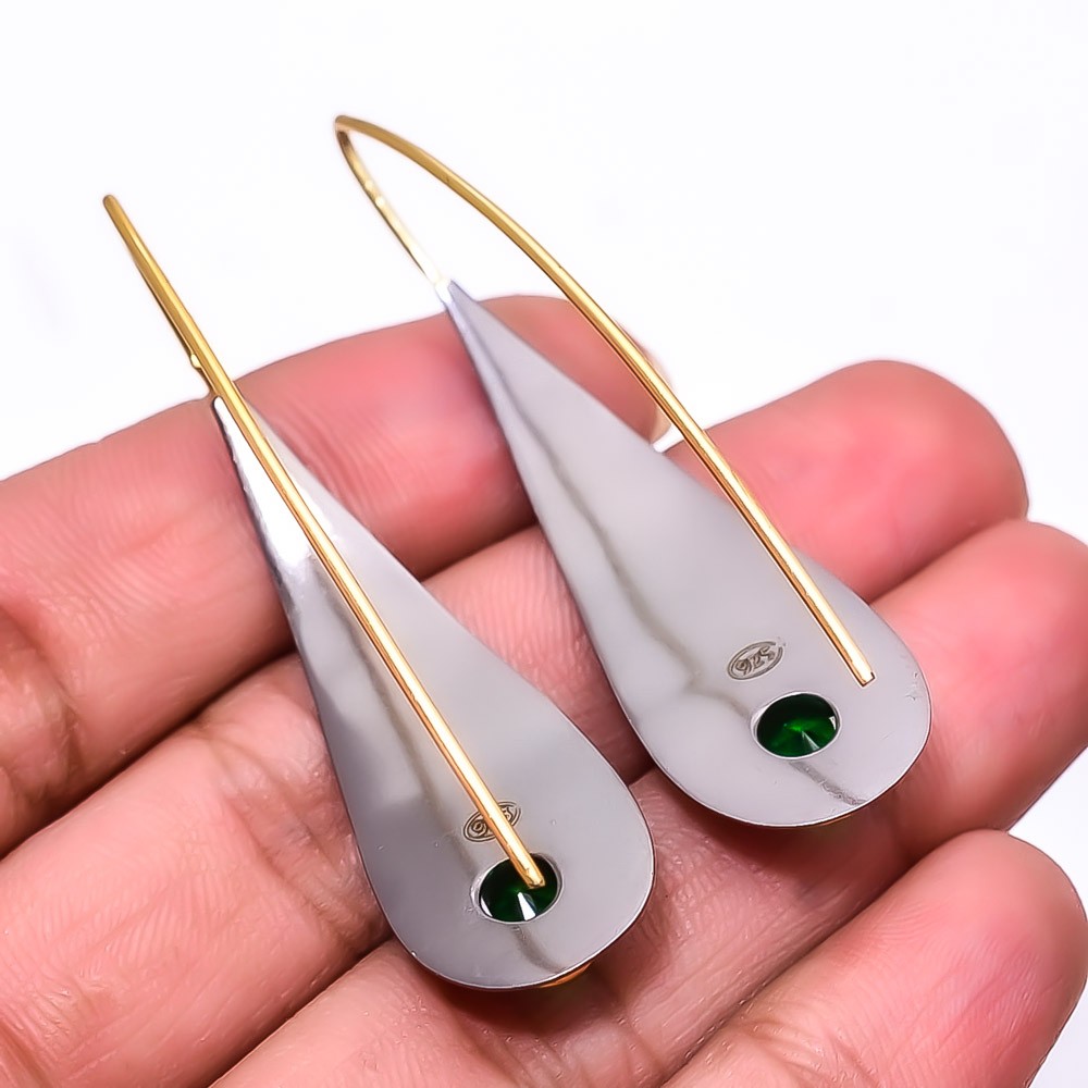 Emerald (Simulated) 925 Silver Black & Gold Rhodium Plated Earring 2.15″ E4