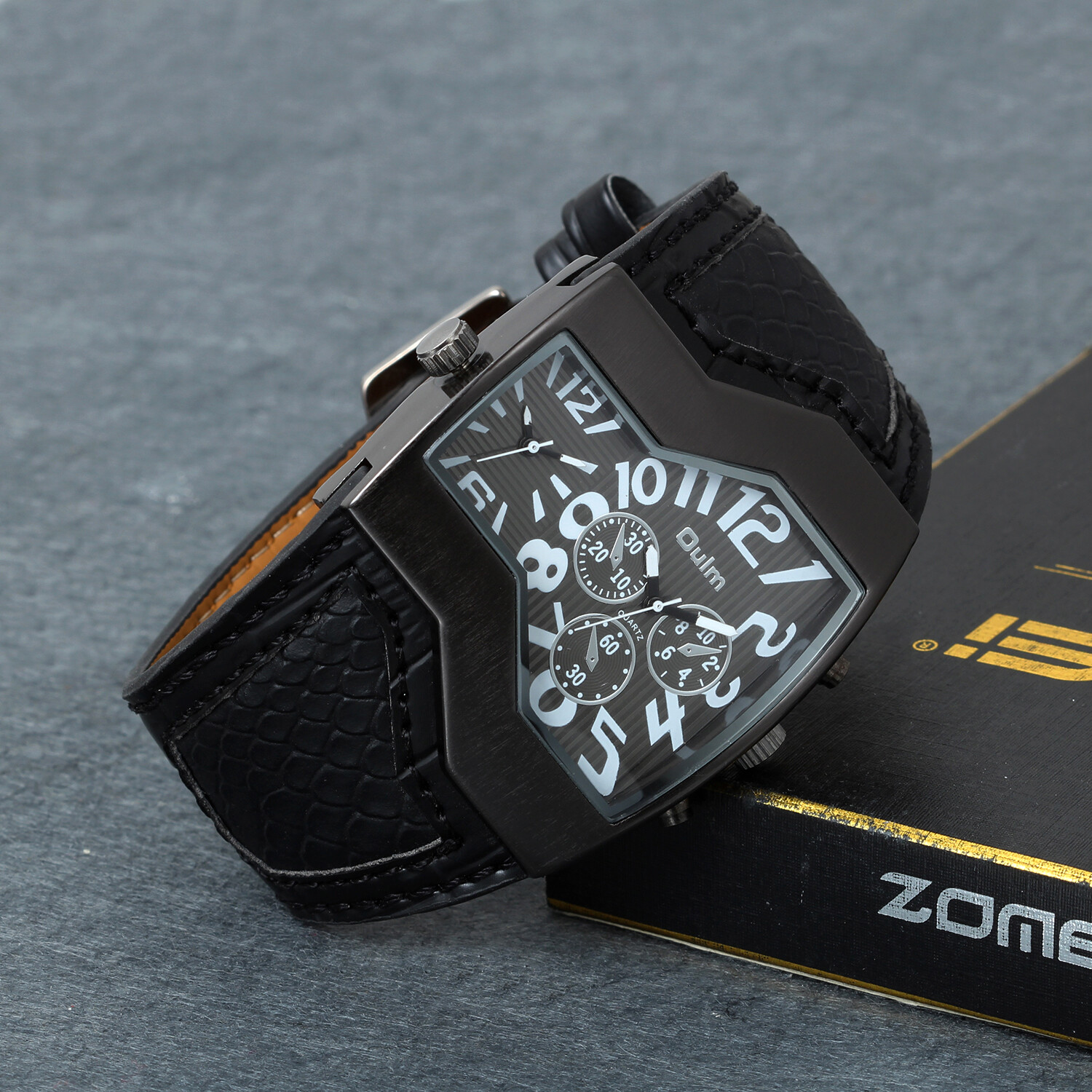 Men Unique Sports Military Army Dual Time Zones Quartz Leather Strap Wrist Watch
