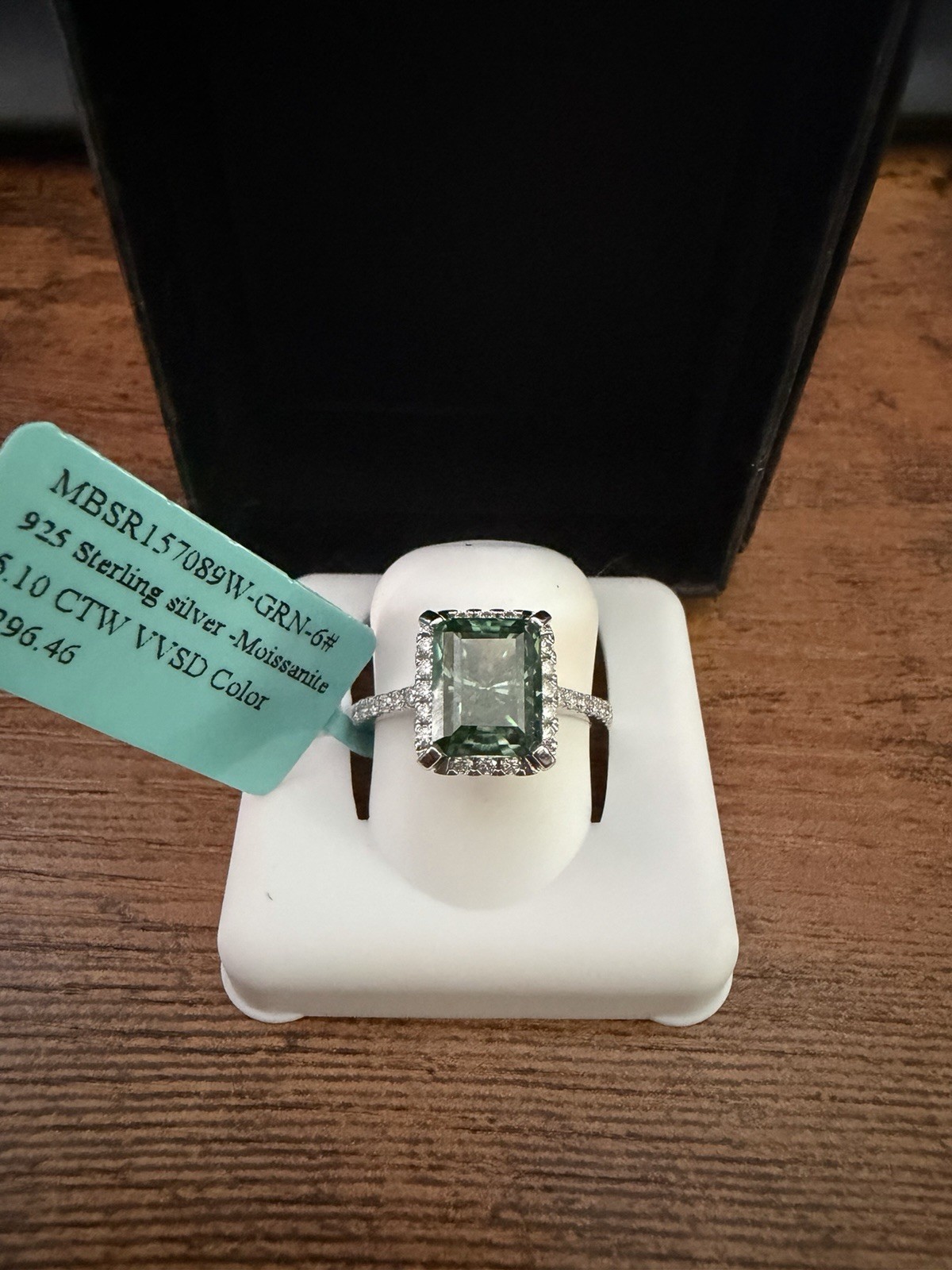 Stamped 925 Sterling Silver 5ctw Green Moissanite Emerald Prong Halo Ring Size 6