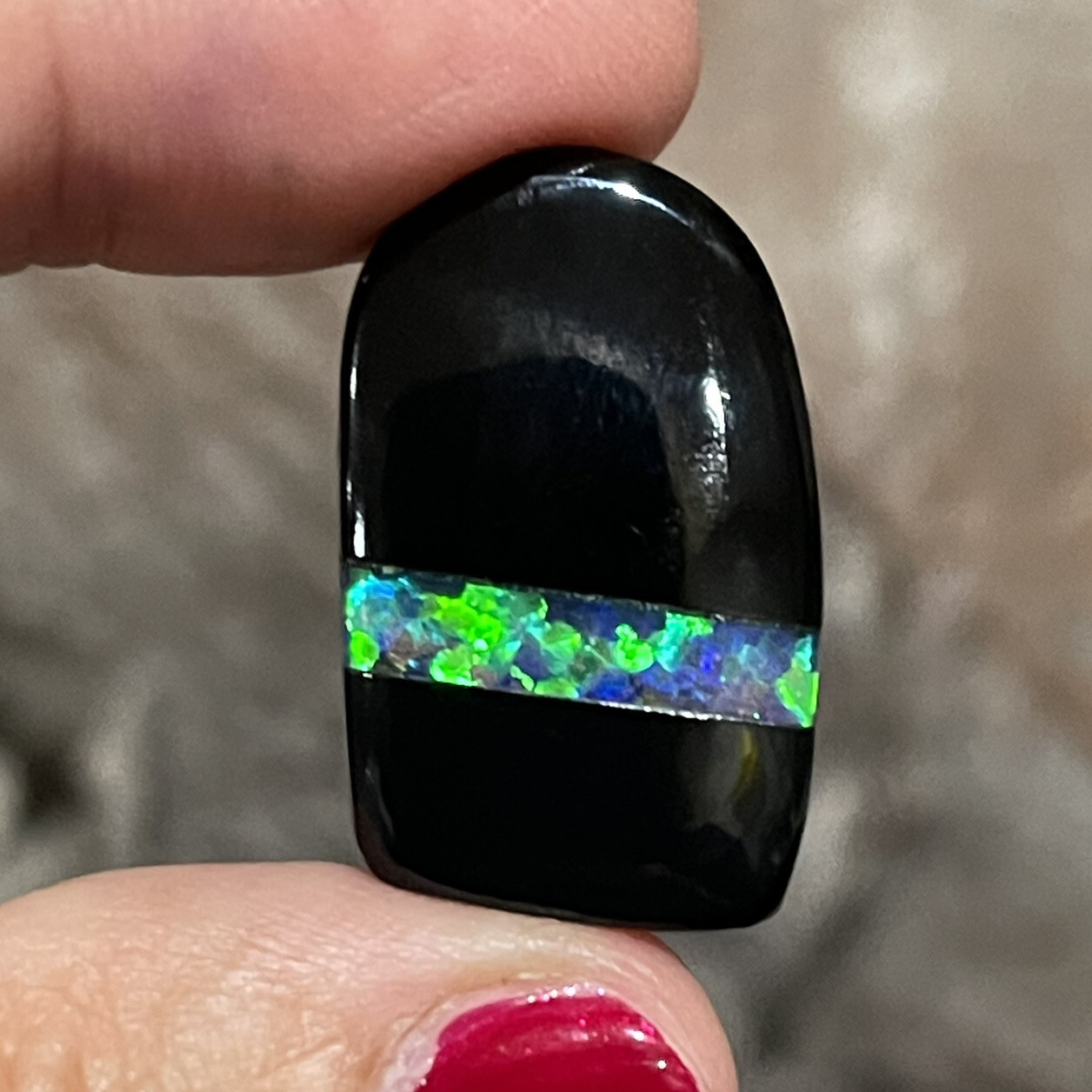 29ct 27.4c17.2×6.2mm Black Onyx And Lab Created Opal Inlay Intarsia Cabochon