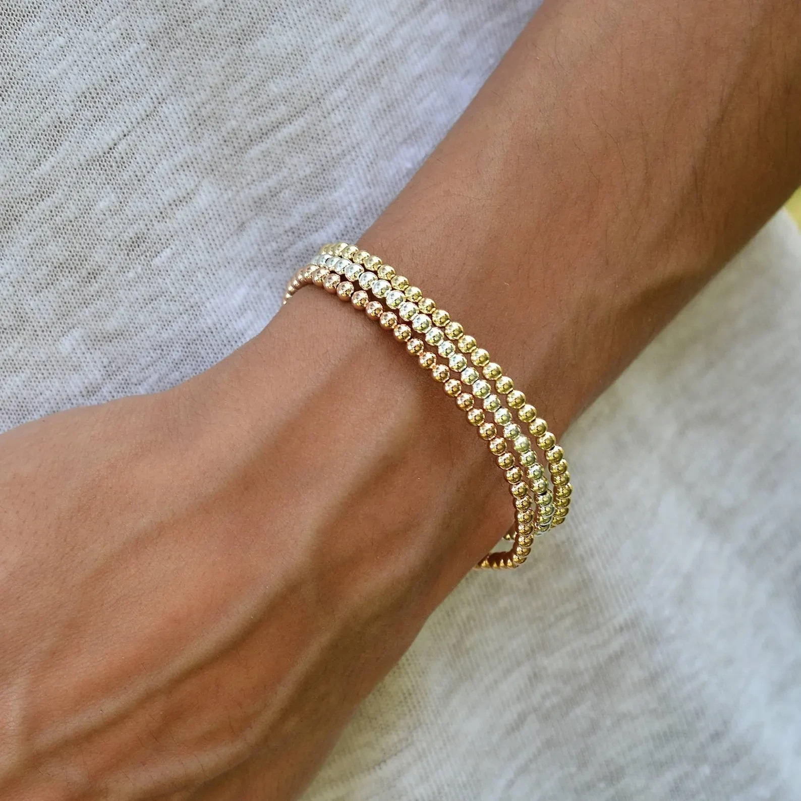 2PCS Dainty 2MM&5MM Gold Filled Beaded Layering Bracelet Stretchy Jewelry Gifts