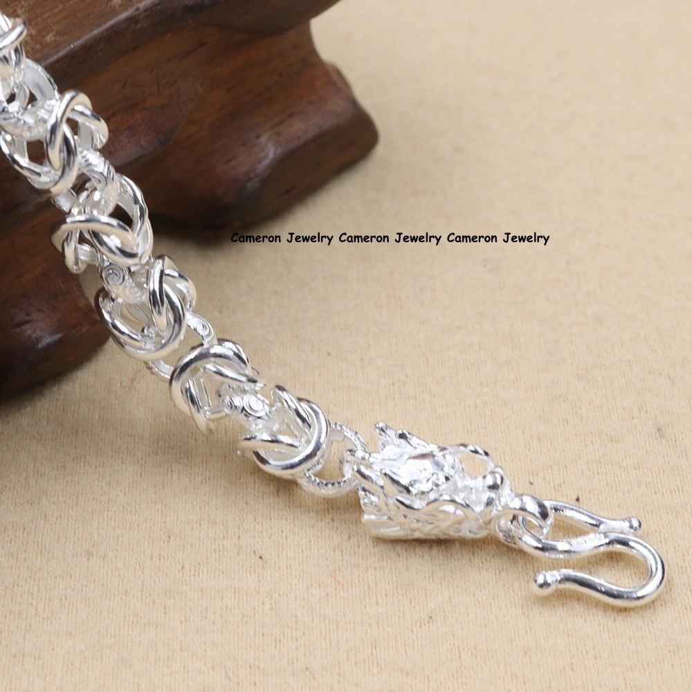 Pure S999 Fine Silver Dragon Head Chain Interlocking Link Bracelet 17-18g 8.26in