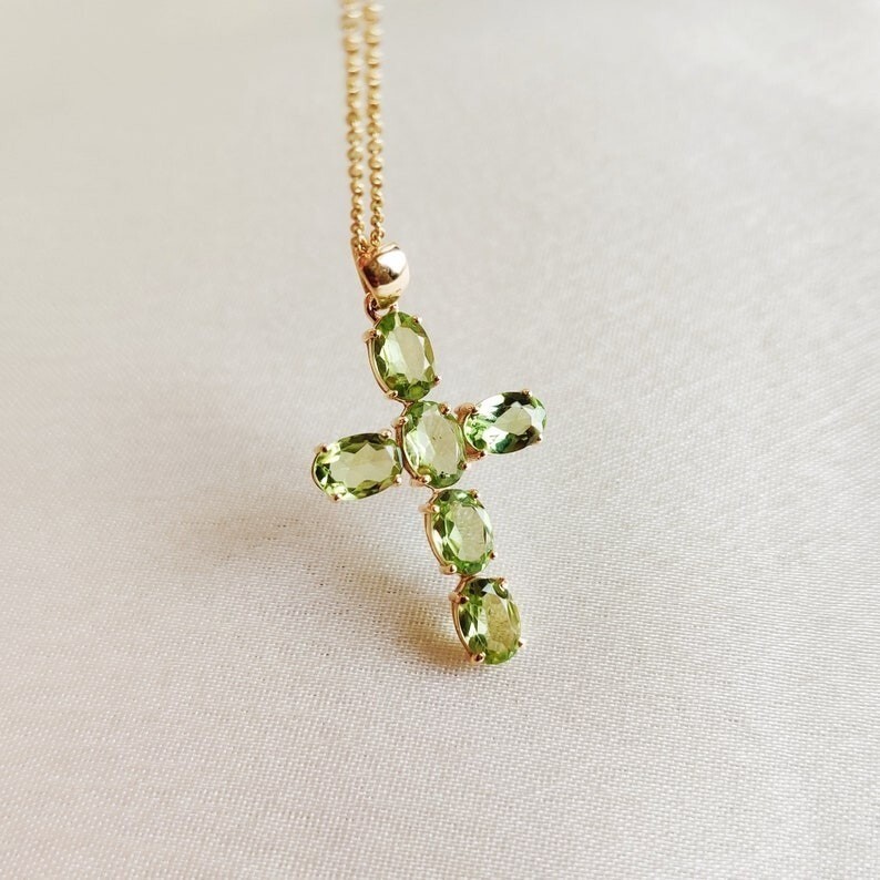 Peridot Cross Pendant, Gold Plated Silver Pendant, Holy Cross Birthstone Pendant