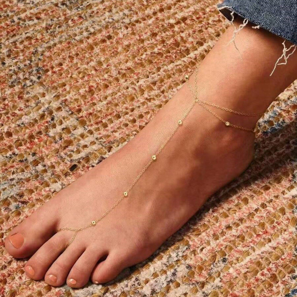 Women Gold Barefoot Sandal Anklet Toe Ring Chain Foot Jewelry