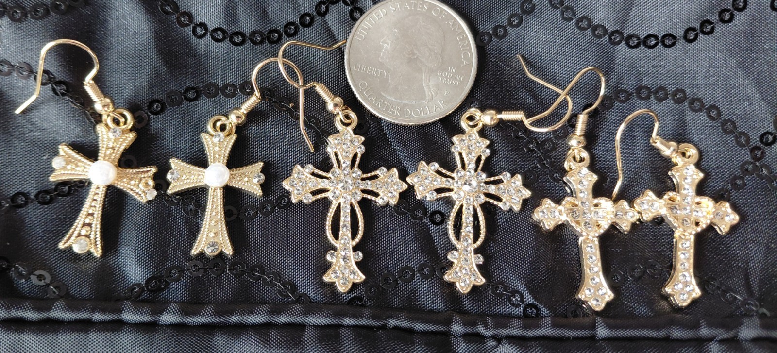 3 Pairs Of Cross Earrings Gold Tone New Rhinestones Free Shipping Heavier Made