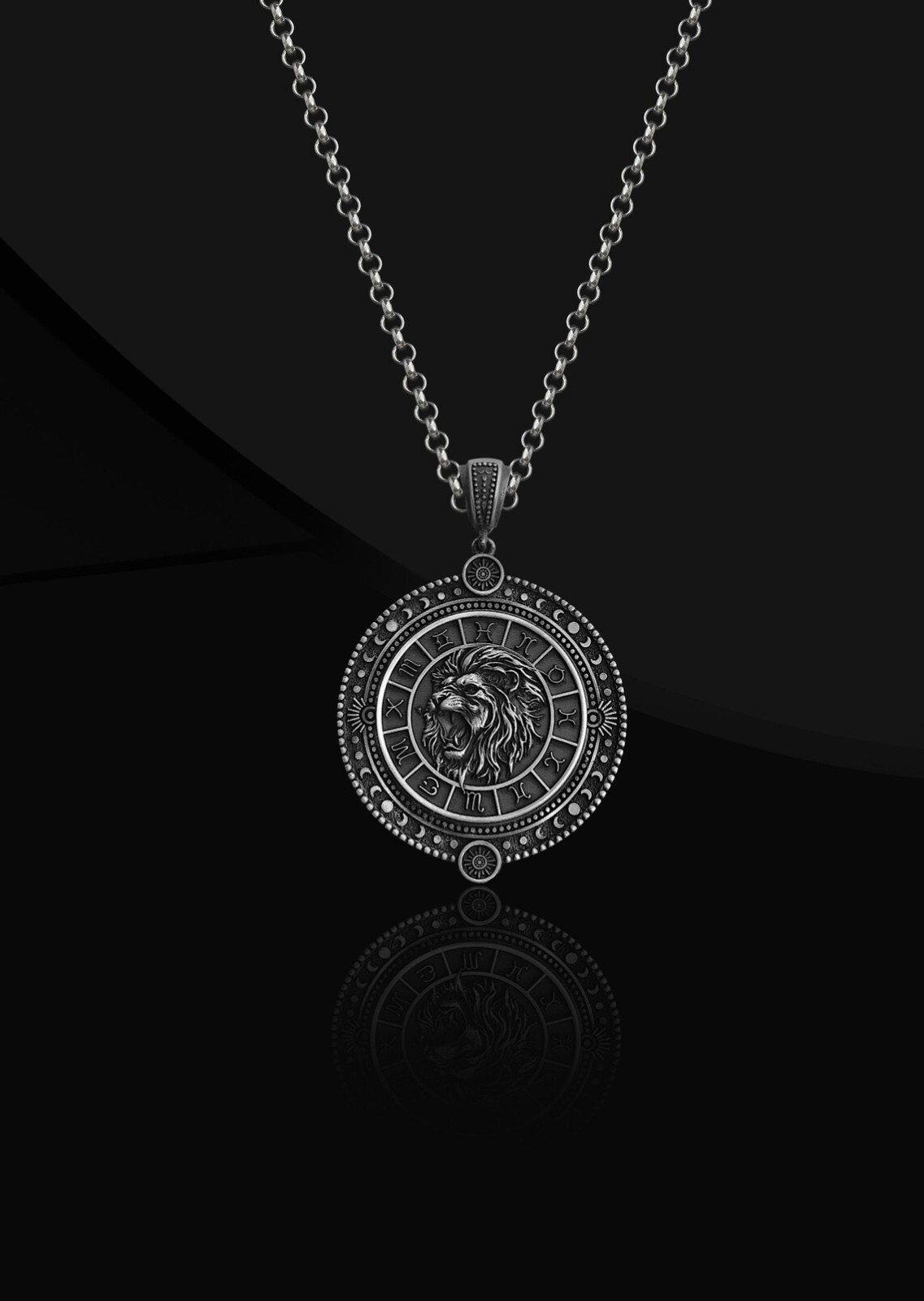 Zodiac Leo Medallion 925 Sterling Silver Oxidized Necklace Duty Free