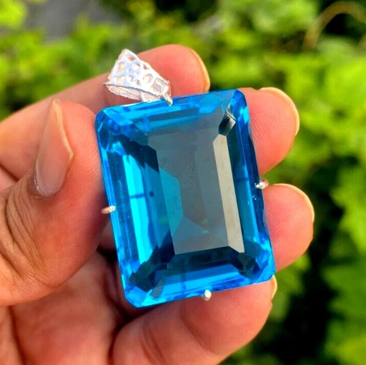 105 Ct Natural Blue Topaz Emerald Cut Certified 925 Solid Silver Pendant