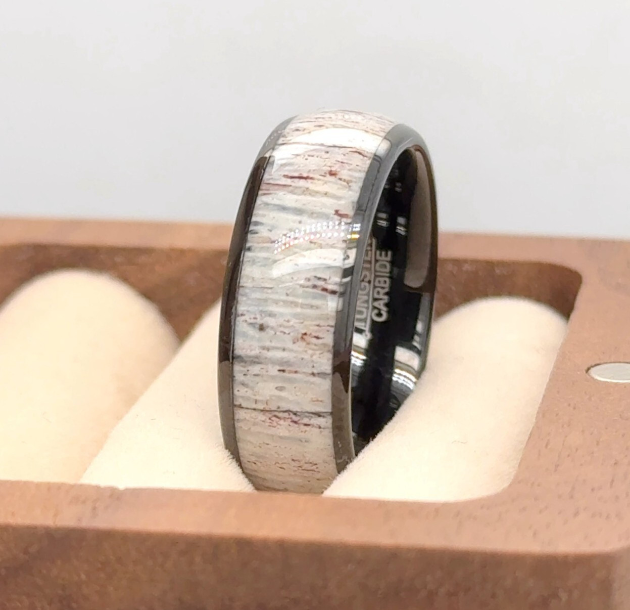 Domed Black Tungsten Ring for Men – Unique White Deer Antler Inlay Wedding Band
