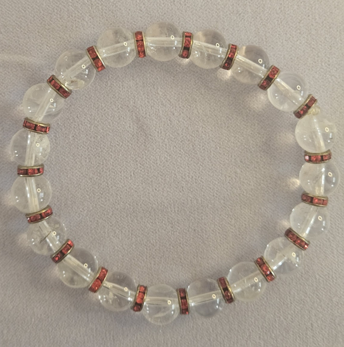 Crystal Clear Quartz Round Beaded Stretch Bracelet w Red Rhinestone Spacer Rings