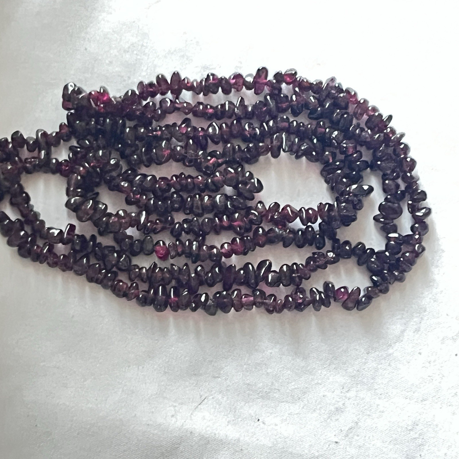 Almandine Garnet Chip Necklace 36” Purple Red Gemstone Beads Opera Length