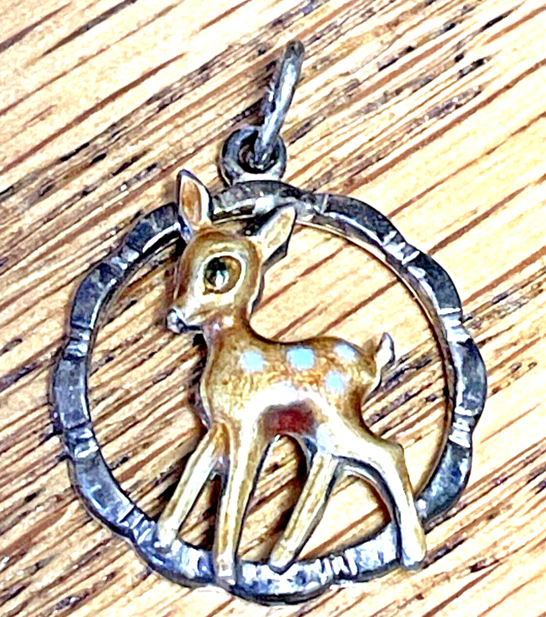 Deer Fawn Charm 850 Silver Rare Cut Out 7/8″ Antique Bronze Enamel Bambi Baby