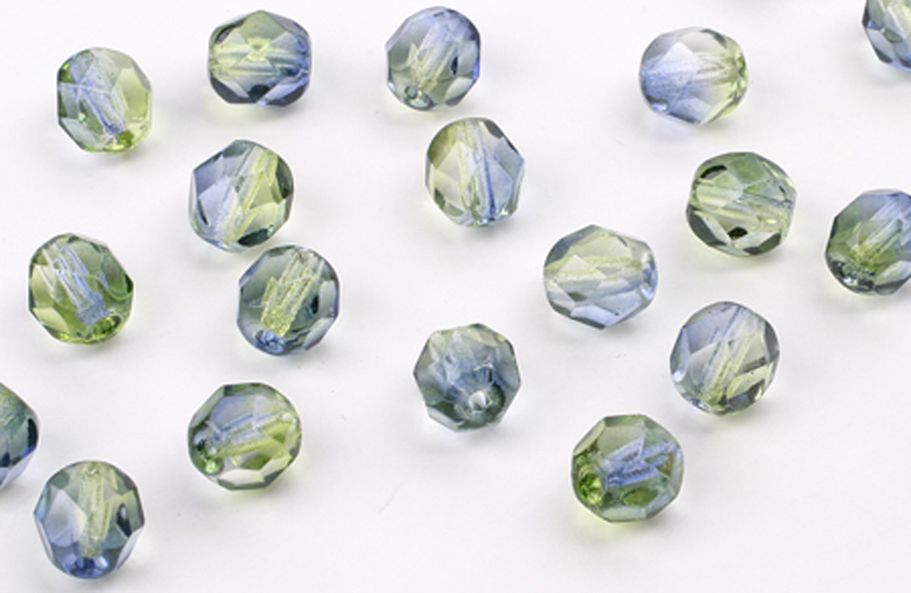 50 Kiwi Lime / Sapphire Czech Glass Faceted Beads 6MM