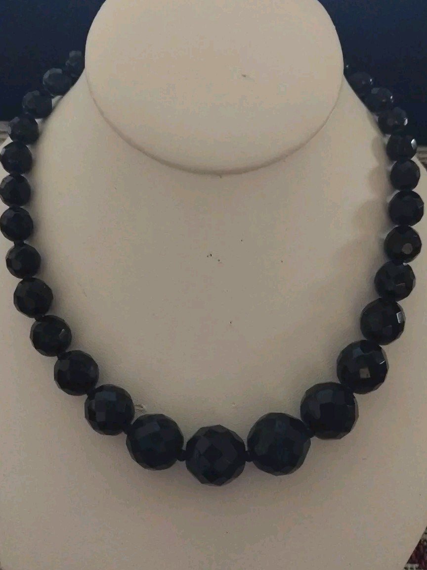 Two Vtg 1950’s Black Faceted Glass Necklaces. One 17 Inches The Other Is 34…