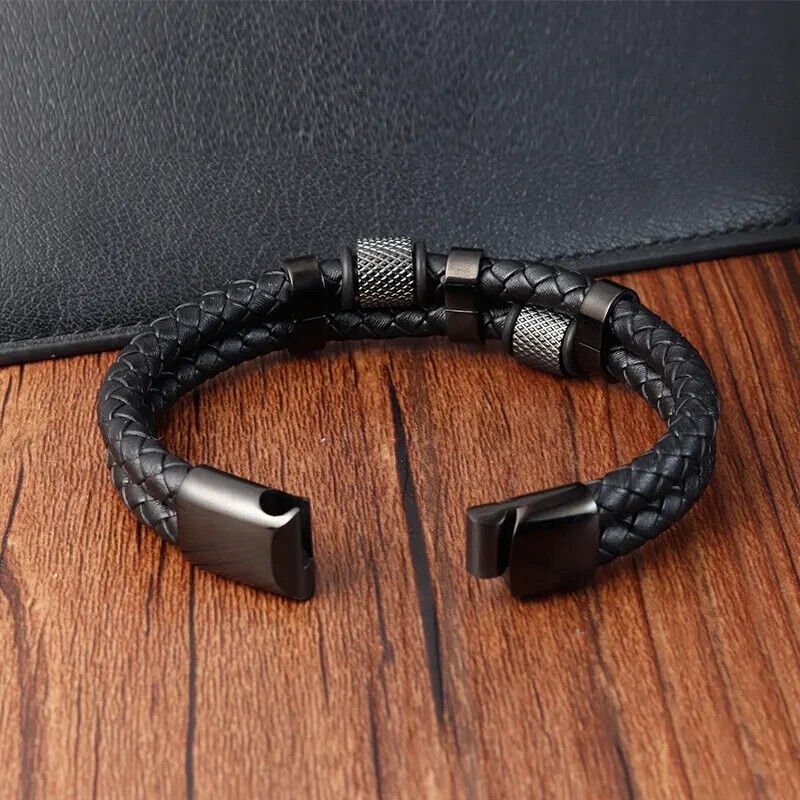 Men’s Stainless Steel Genuine Leather Bracelet Strength Fashion Bangle Wrap USA