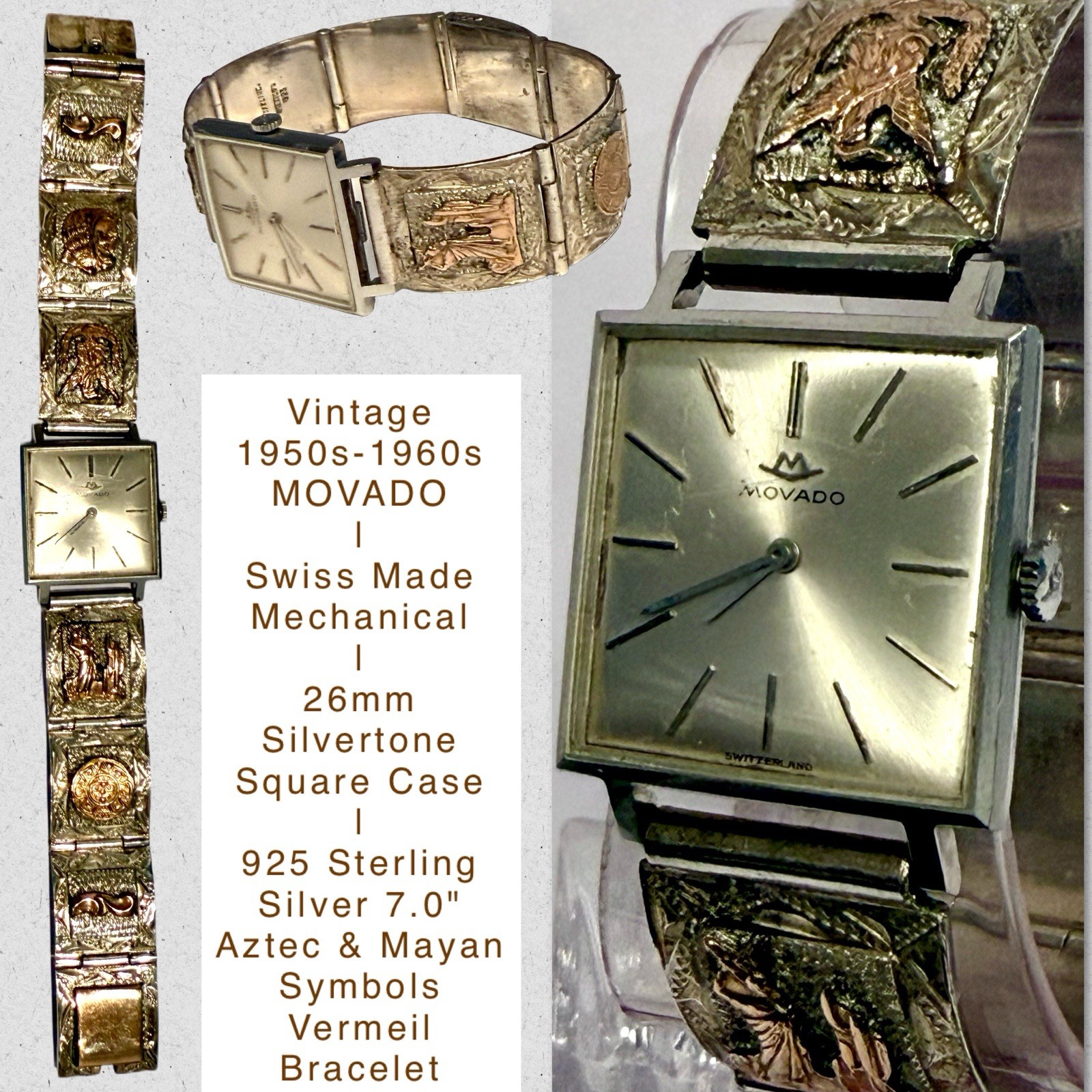 Vintage MOVADO 26mm Square| 925 Silver AZTEC & MAYAN Symbols 7.0″ Bracelet Watch