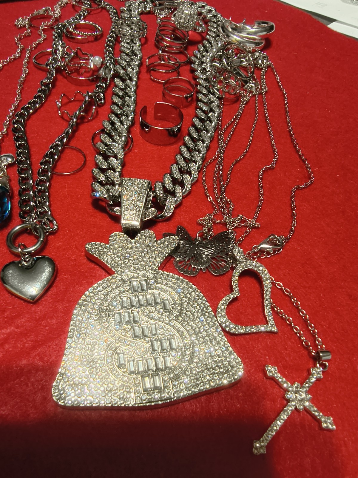 Estate Jewelry Lot Iced Out Cuban Chain Money Bag Rings Necklaces mix Jewelry