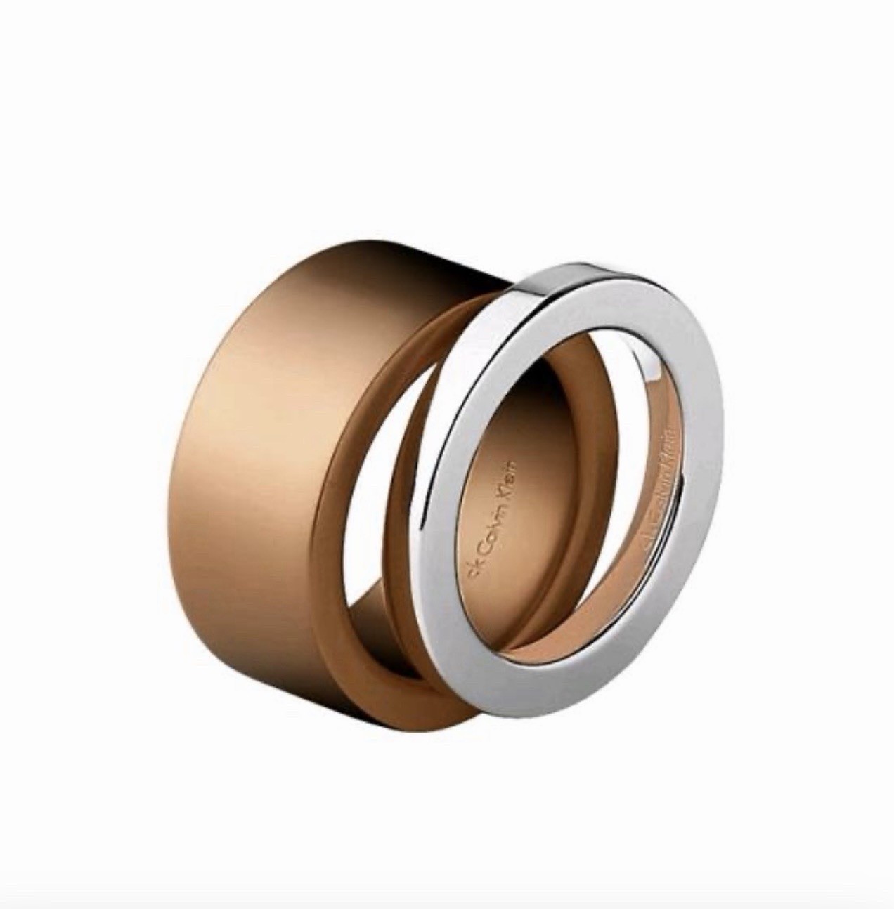 NIB Calvin Klein Two-Tone Interlocking Band Ring – Silver & Rose Gold Steel Sz 6