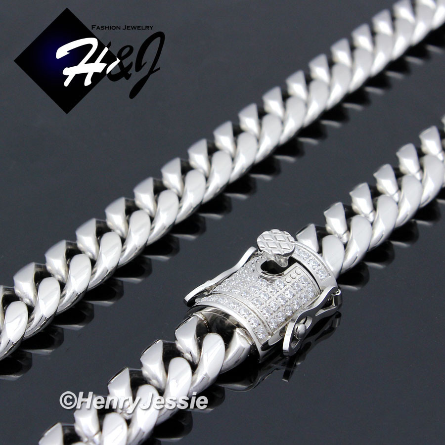 18″-40″MEN Stainless Steel 10/12/14mm Silver Bling CZ Cuban Curb Necklace*N158