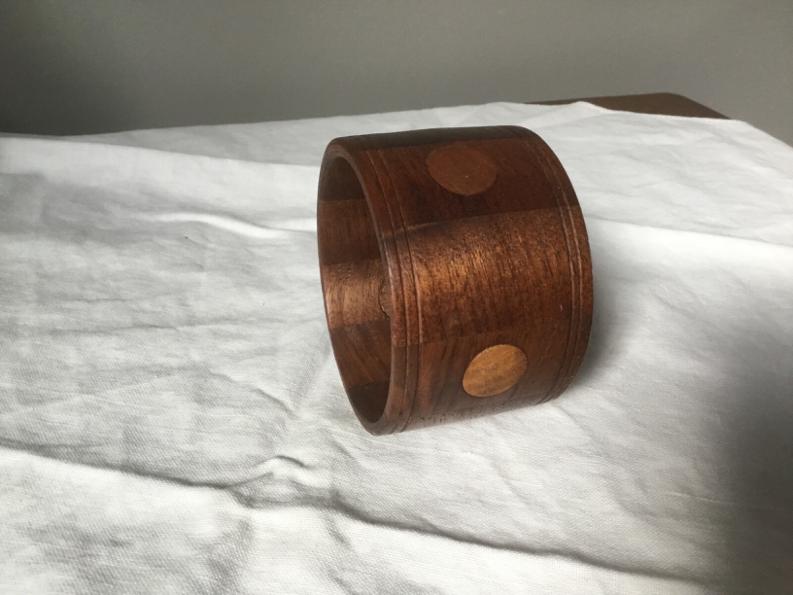 Vtg HANDMADE WOODEN BRACELET Inlaid 1 7/8 “ WALNUT Boho Hippie Chunky