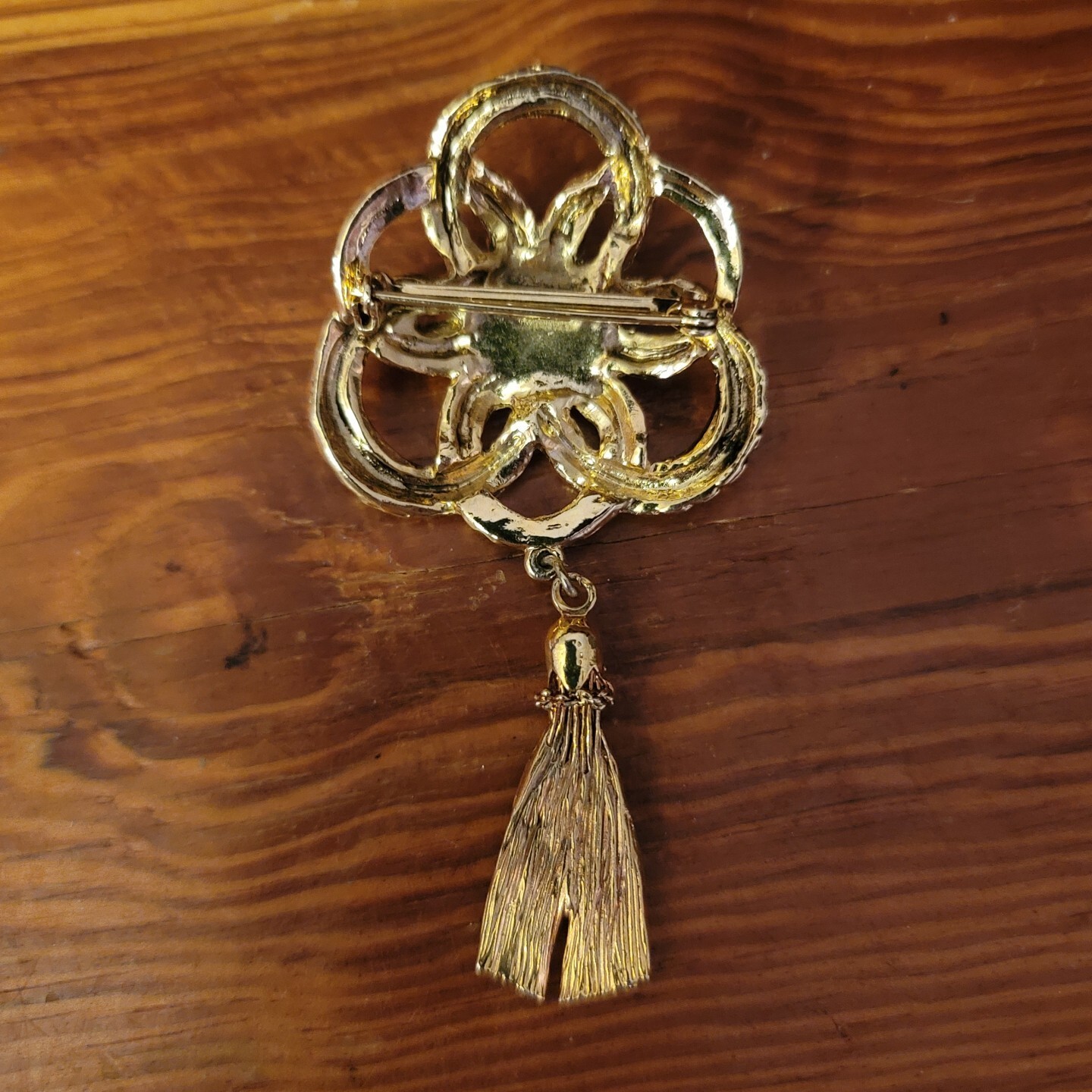 Vintage Rope and Tassel Brooch Pin Red Pink Stone 3.5 Inches Long Gold Tone