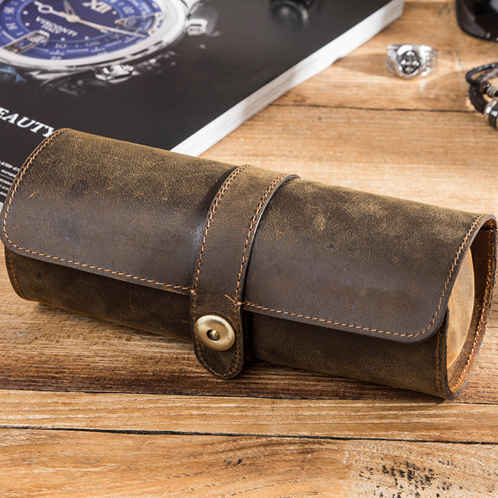 Genuine Leather Watch Roll Travel Box 3 Slot Wrist Watches Display Storage Case