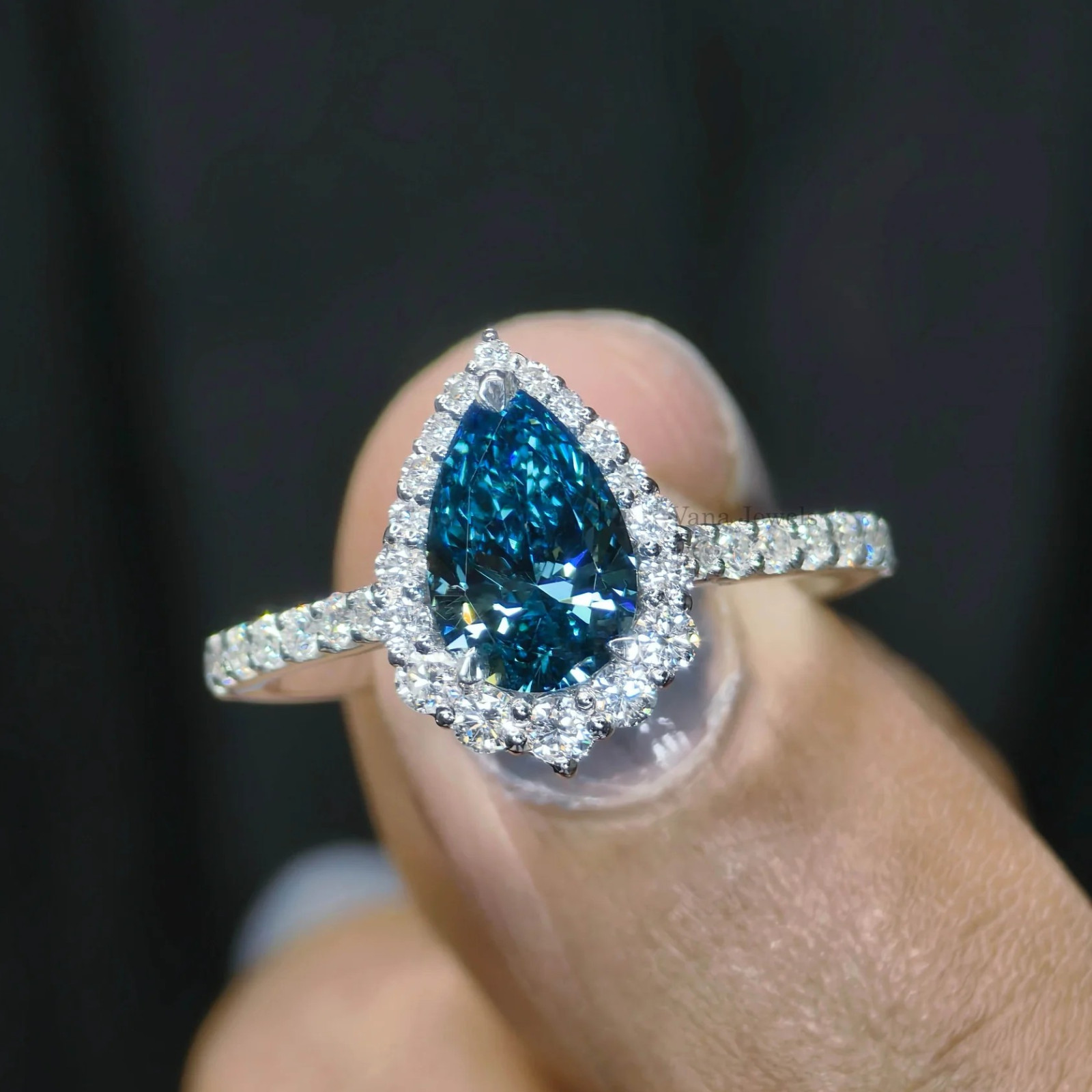 2.00 CT Pear Cut Lab Grown Fancy Intense Blue Diamond Women Ring 18K White Gold
