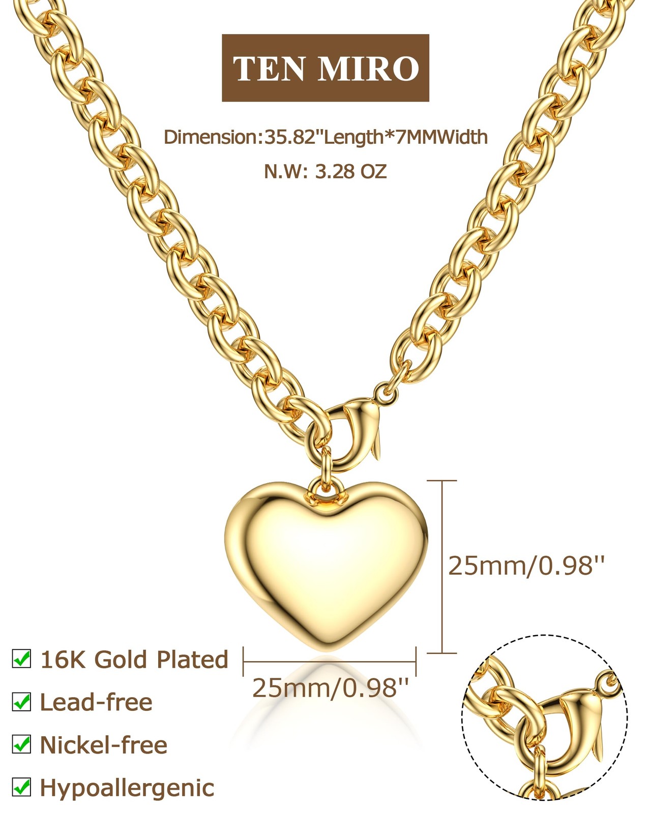 16k Gold Plated Chunky Gold Plated Necklace for Women Non Tarnish, 36” /92cm…