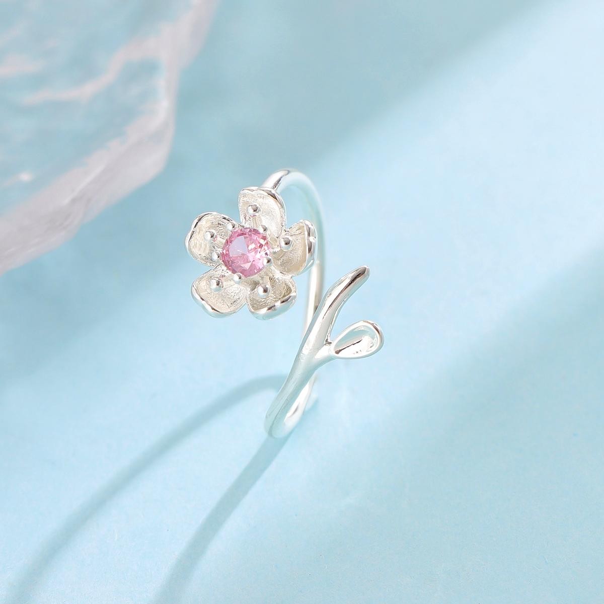 925 Sterling Silver Pink Crystal Flower Open Ring Elegant Adjustable Women Jew..